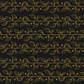 Abstract seamless pattern with gold horizontal foliate twigs with berries on black background. Royalty Free Stock Photo